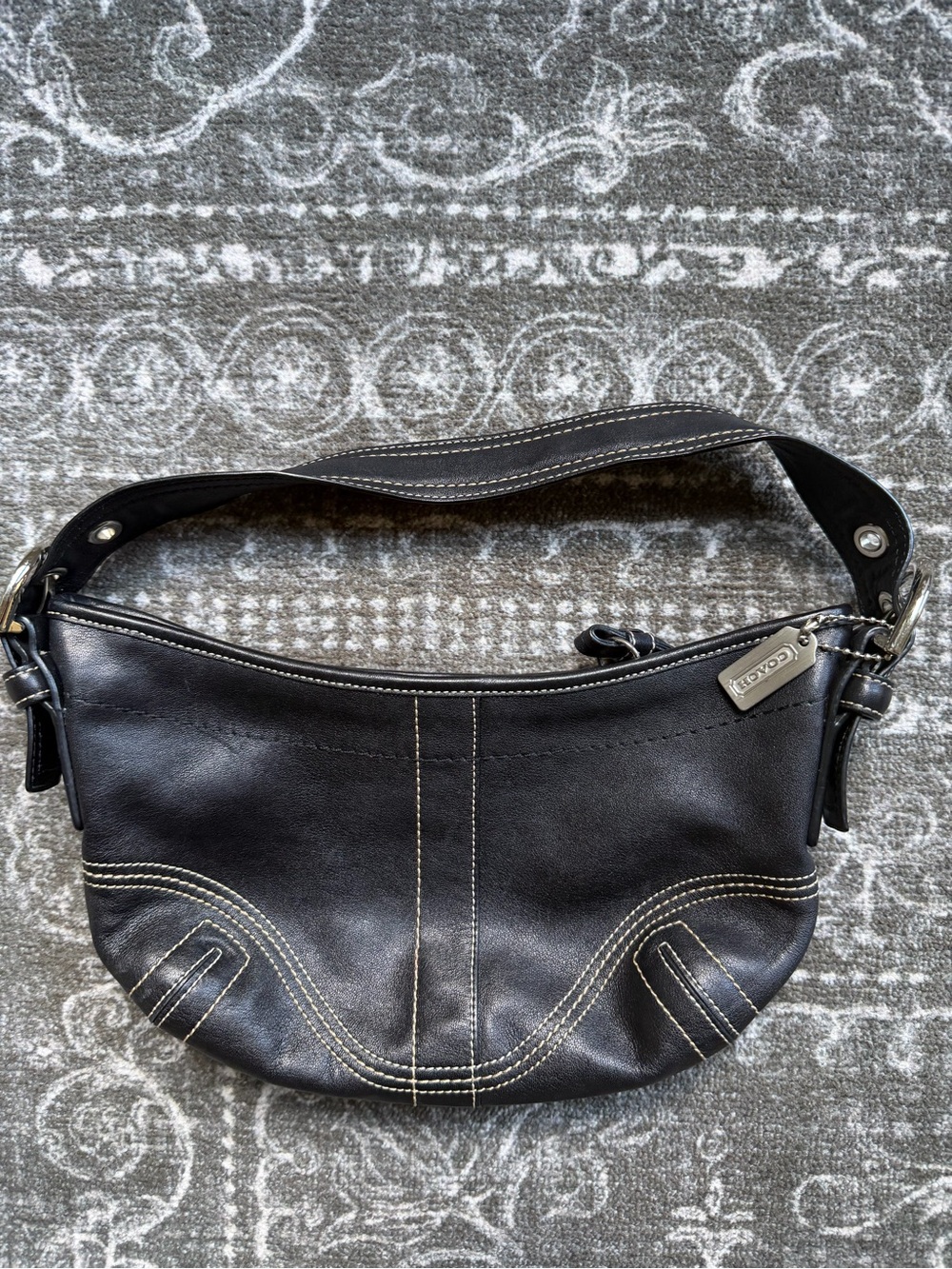 Coach Black Leather Shoulder Bag with Cream Contrast Stitching